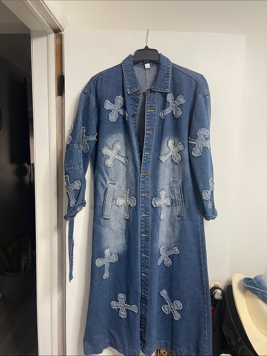 Jackets & Blazers - Denim Longline Trench Coat with Patch Cross Details - Blue